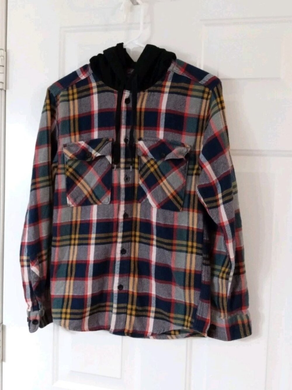 No Boundaries Mens XS Hooded Oversize Blue Plaid Flannel Button-Up Shirt Pockets